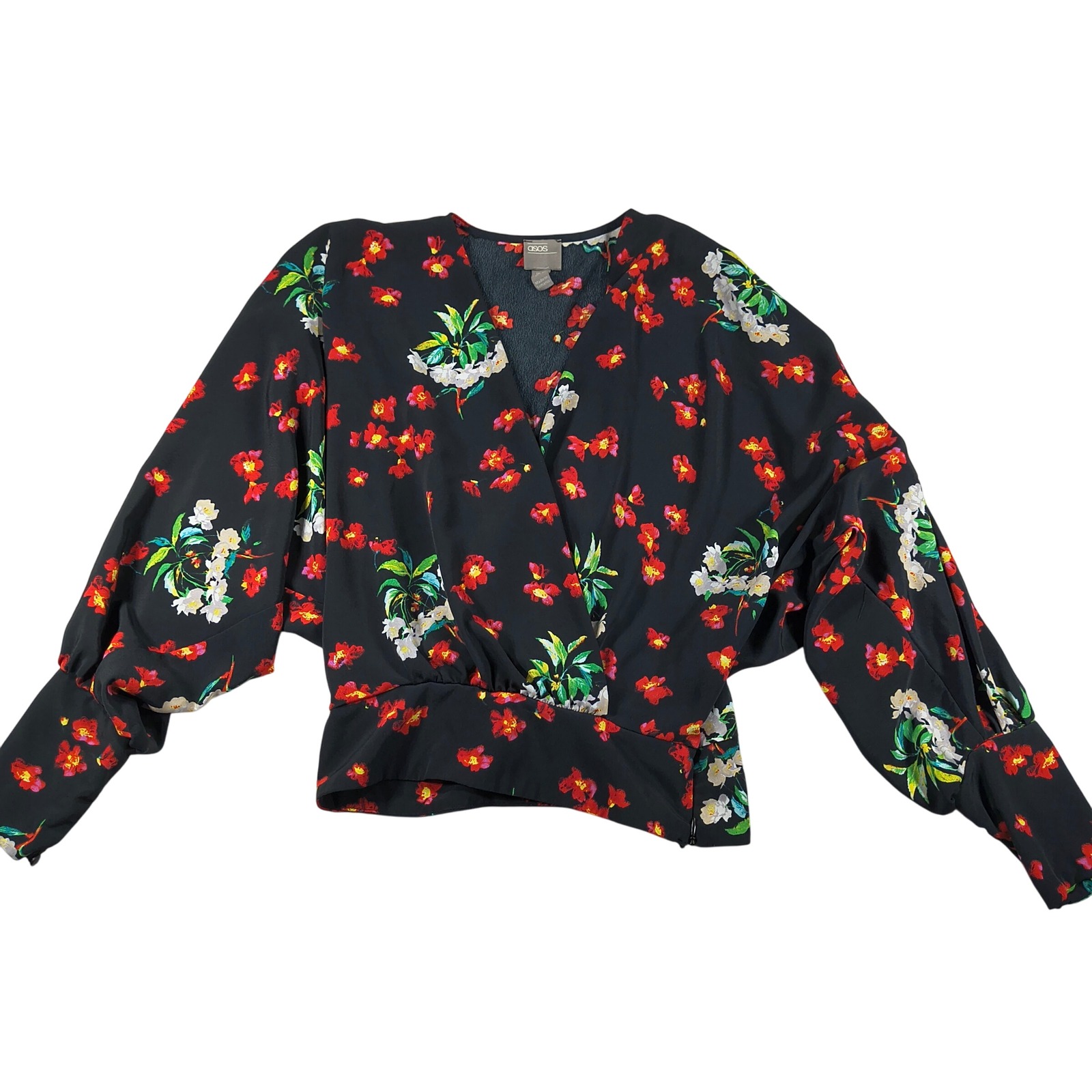 Asos Wrap Blouse Black Floral Print Long Puff Sleeve V Neck Cinched Waist Top